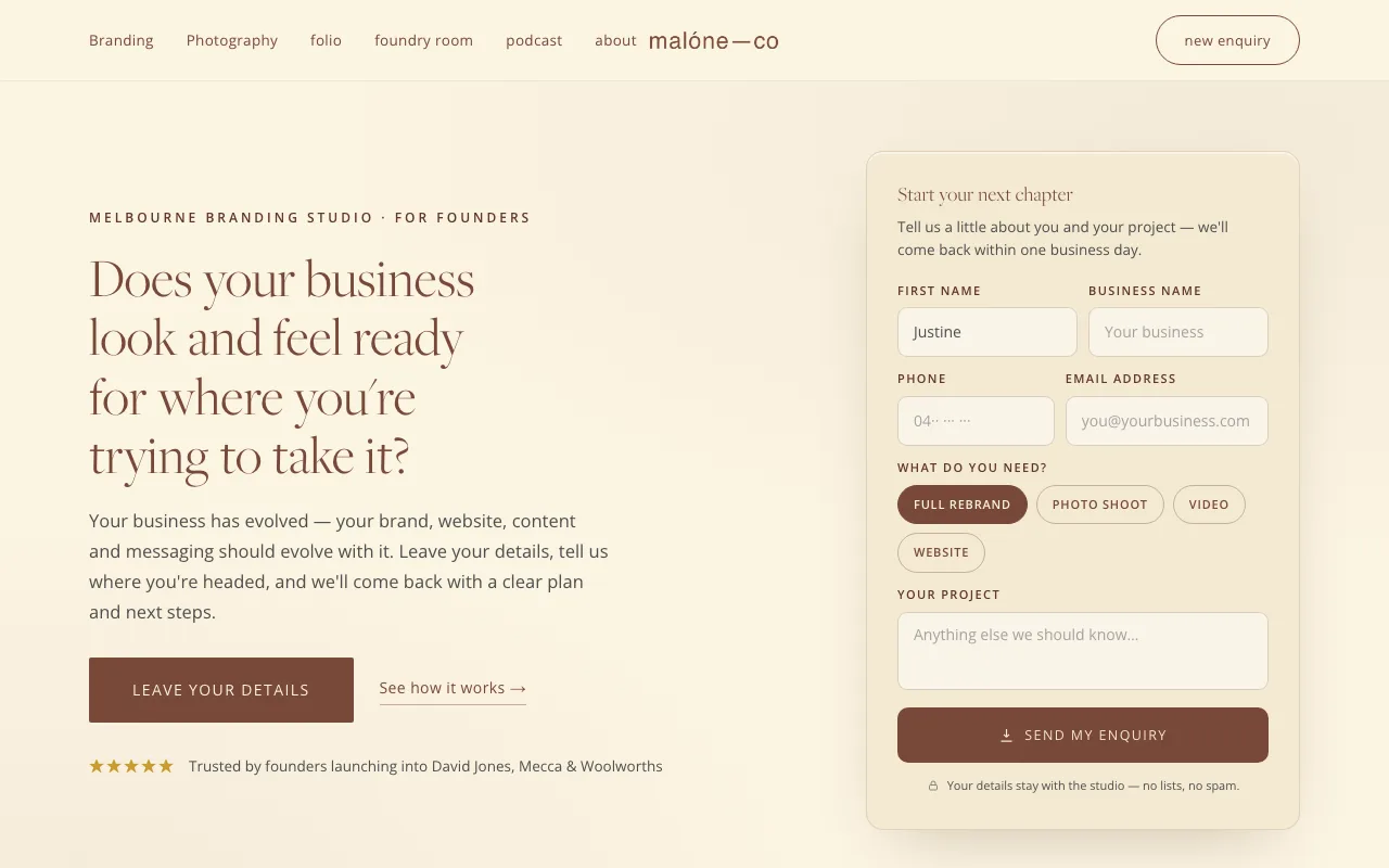 New Enquiry landing page — hero copy with a project enquiry form