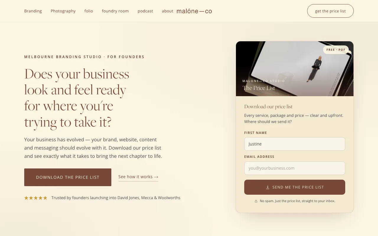 Price List landing page — hero copy with a price-list download card