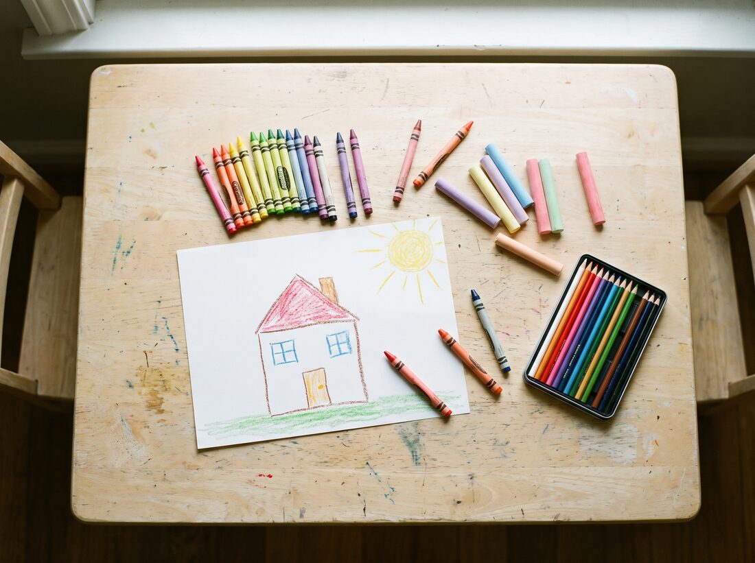 A child's crayon drawing of a house and a sun, surrounded by crayons and chalk
