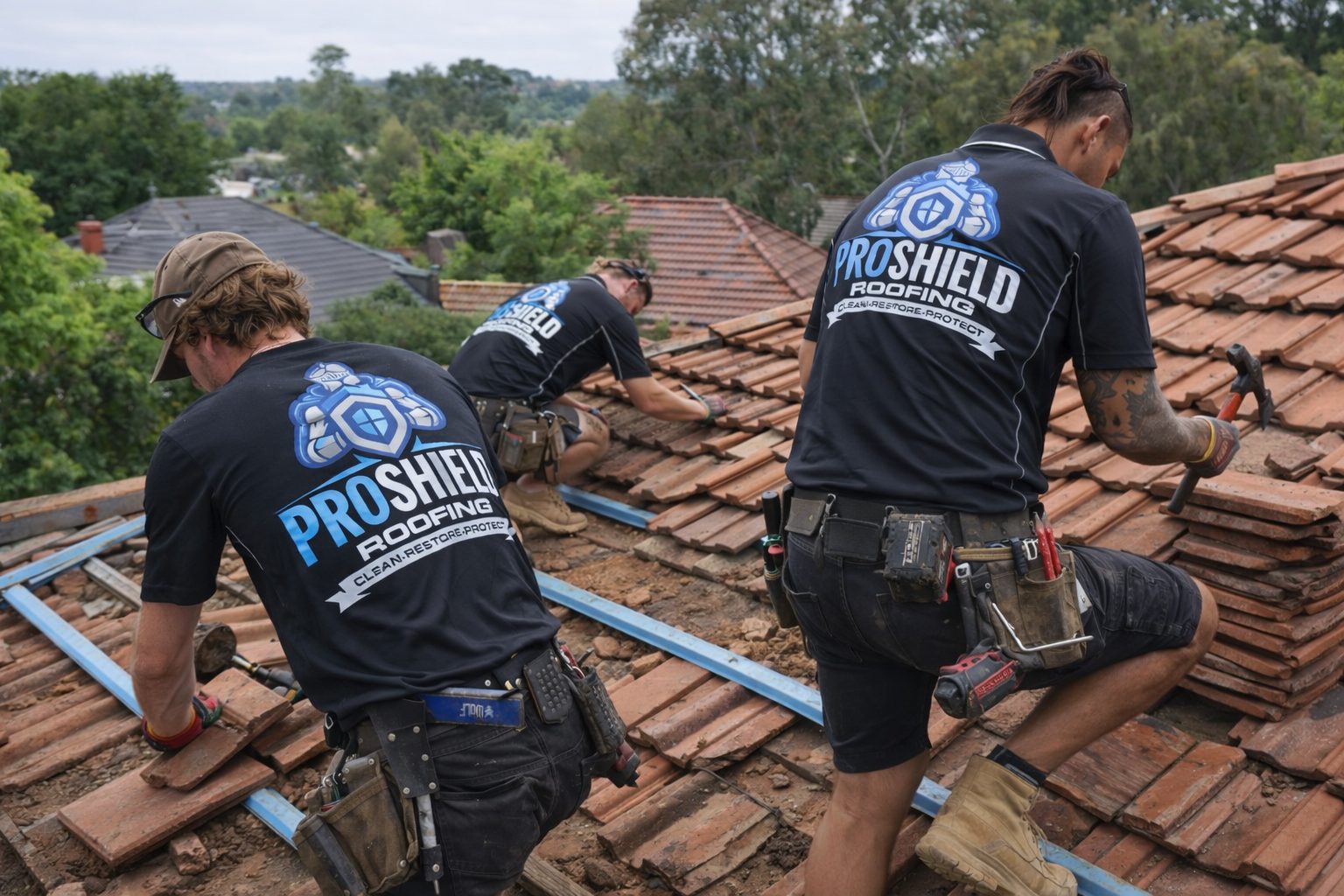 The Pro Shield Roofing crew stripping and restoring a Melbourne tile roof