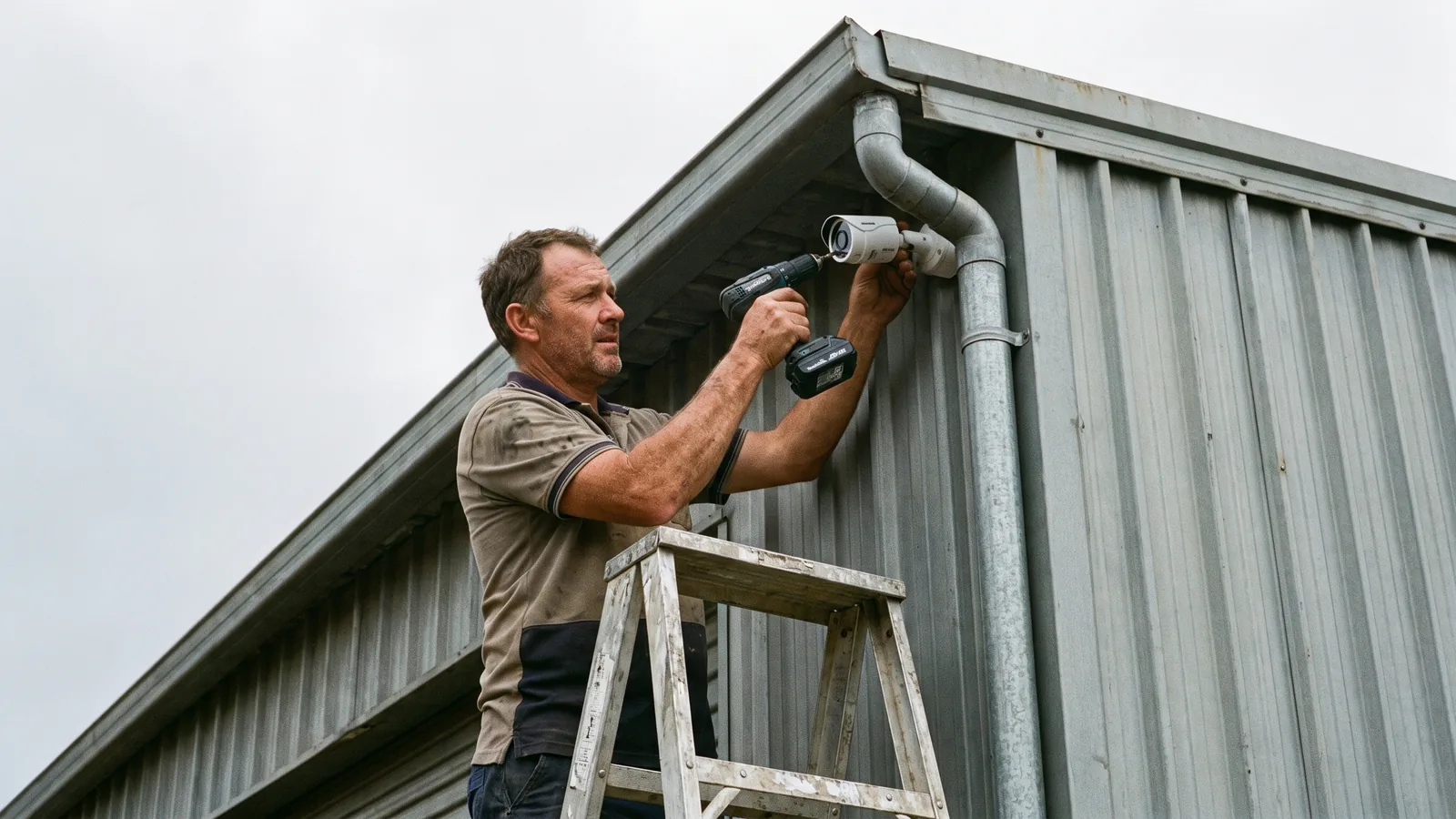 Security technician mounting a camera to the eave of a commercial warehouse