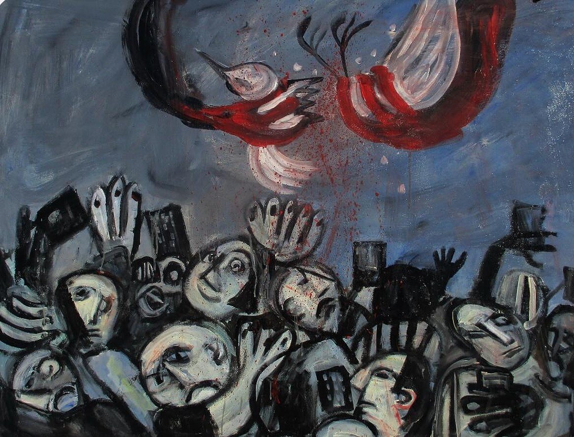 Crowded night scene painting in blue and red, framed by Studio9Art