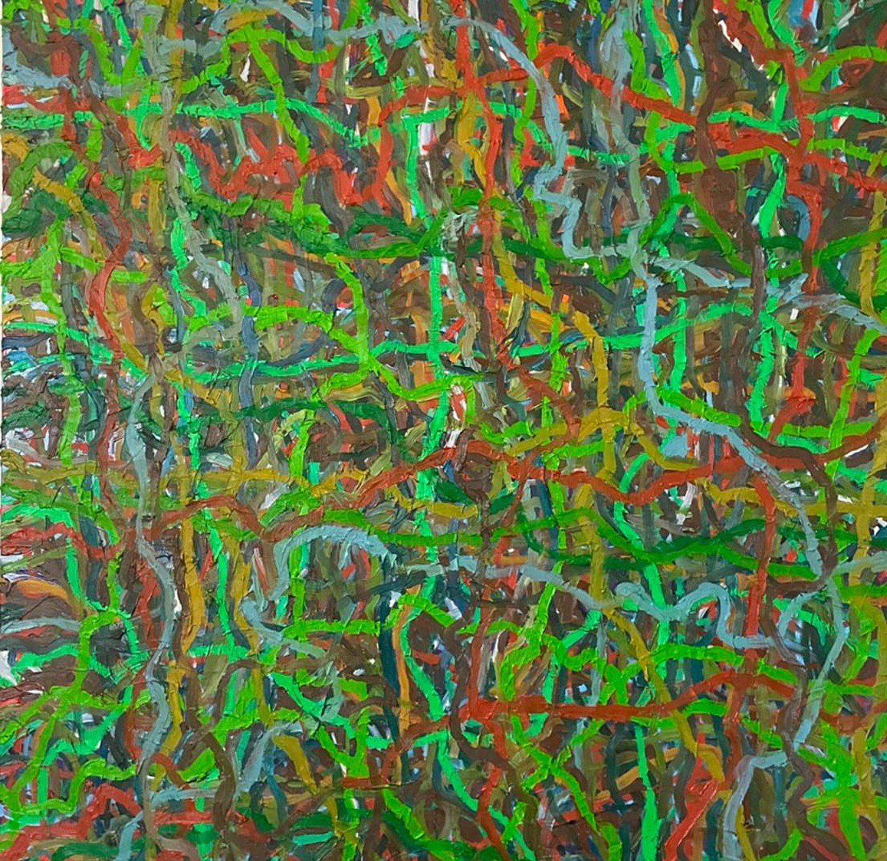Dense green and red linear abstract painting, framed by Studio9Art