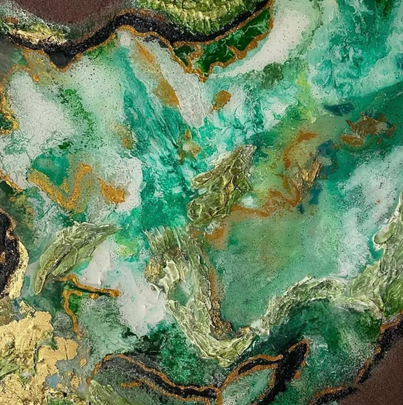 Green and cream abstract landscape painting, framed by Studio9Art