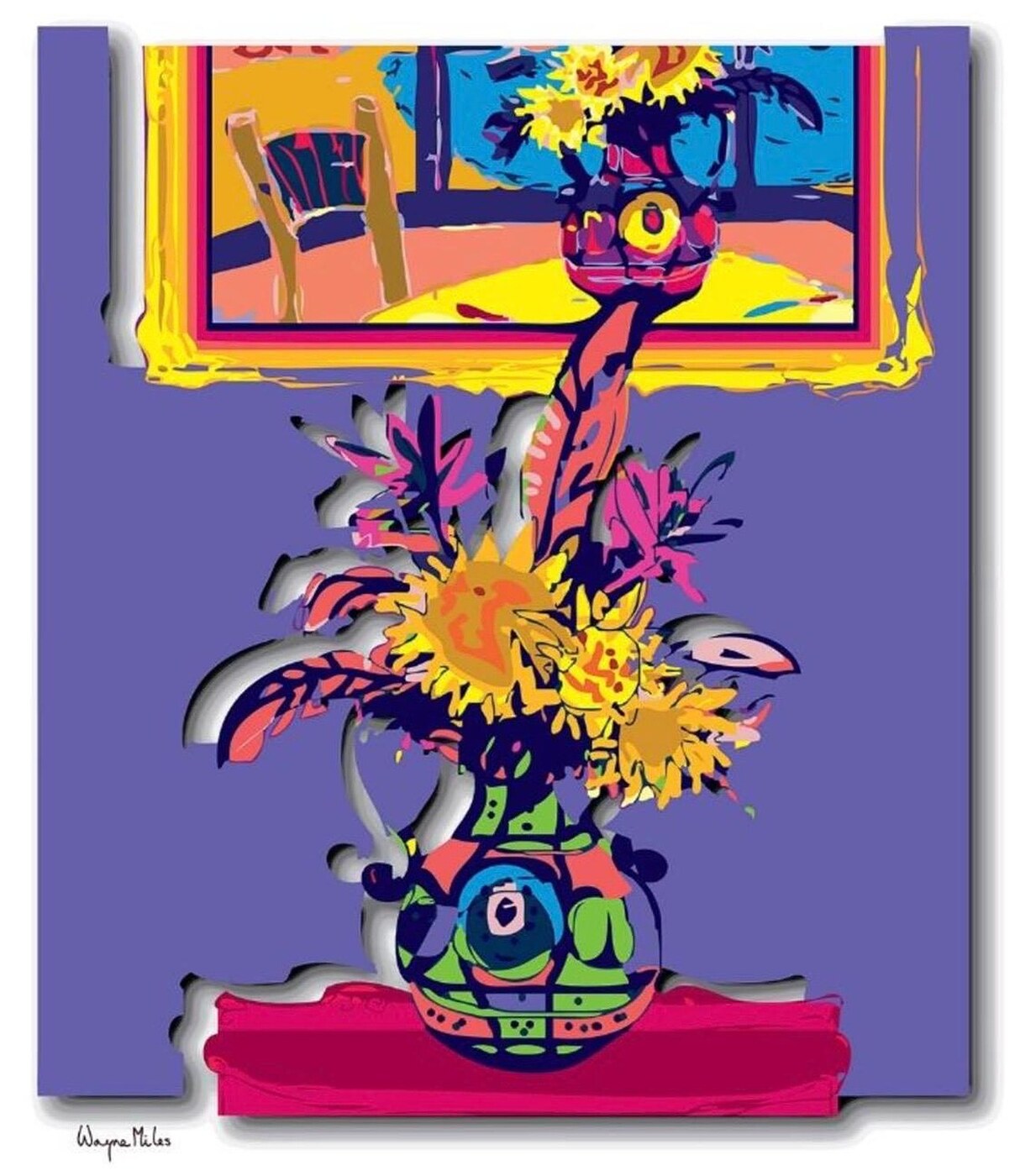 Still life painting of sunflowers in a patterned vase, framed by Studio9Art