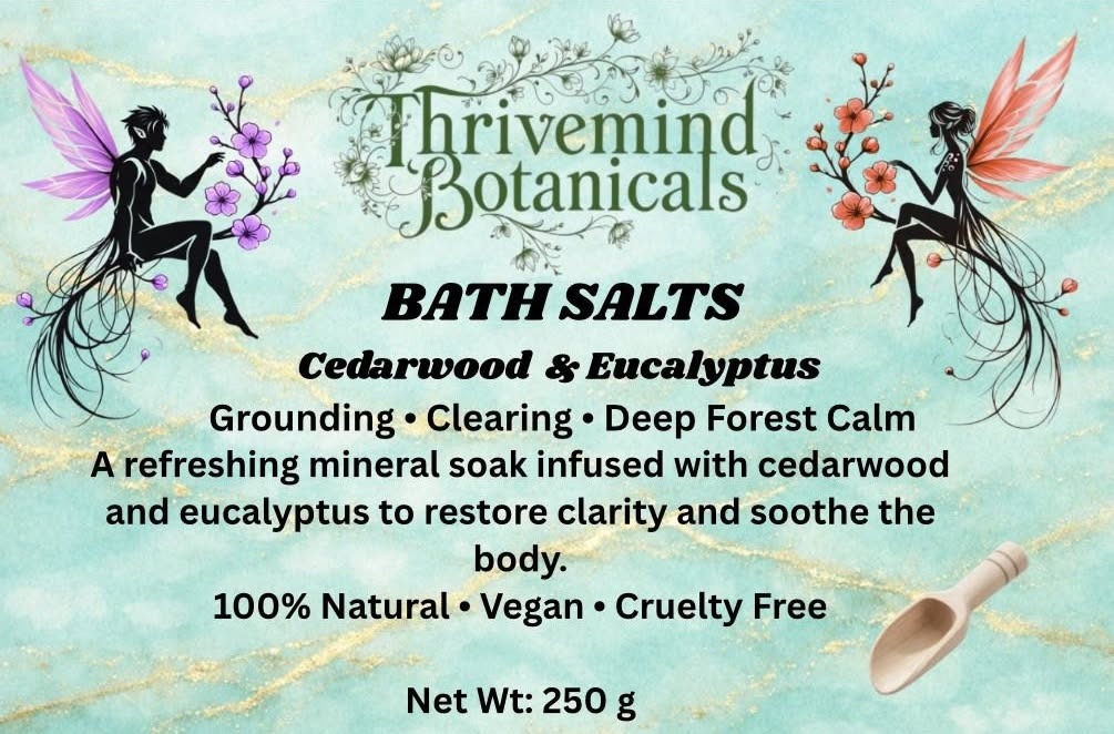 Thrivemind Botanicals Cedarwood and Eucalyptus bath salt label